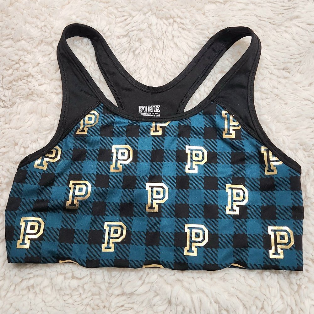 ❤️2/$18 Secret Pink Sport Bra Bikini Top Checkered Black & Teal M